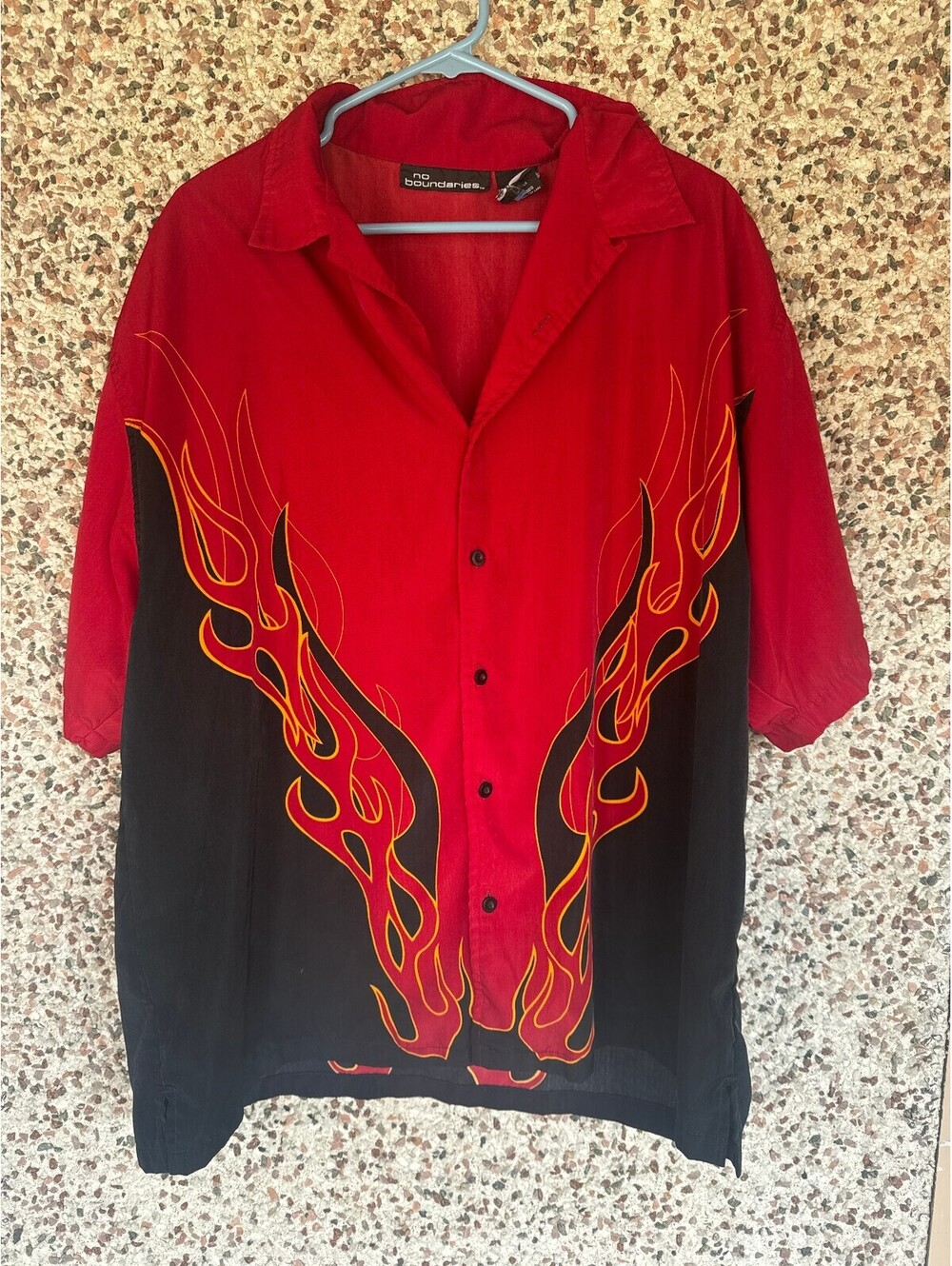 Vintage Y2K No Boundaries Flame Button Up Shirt Mens XL Red Black Bowling Camp
